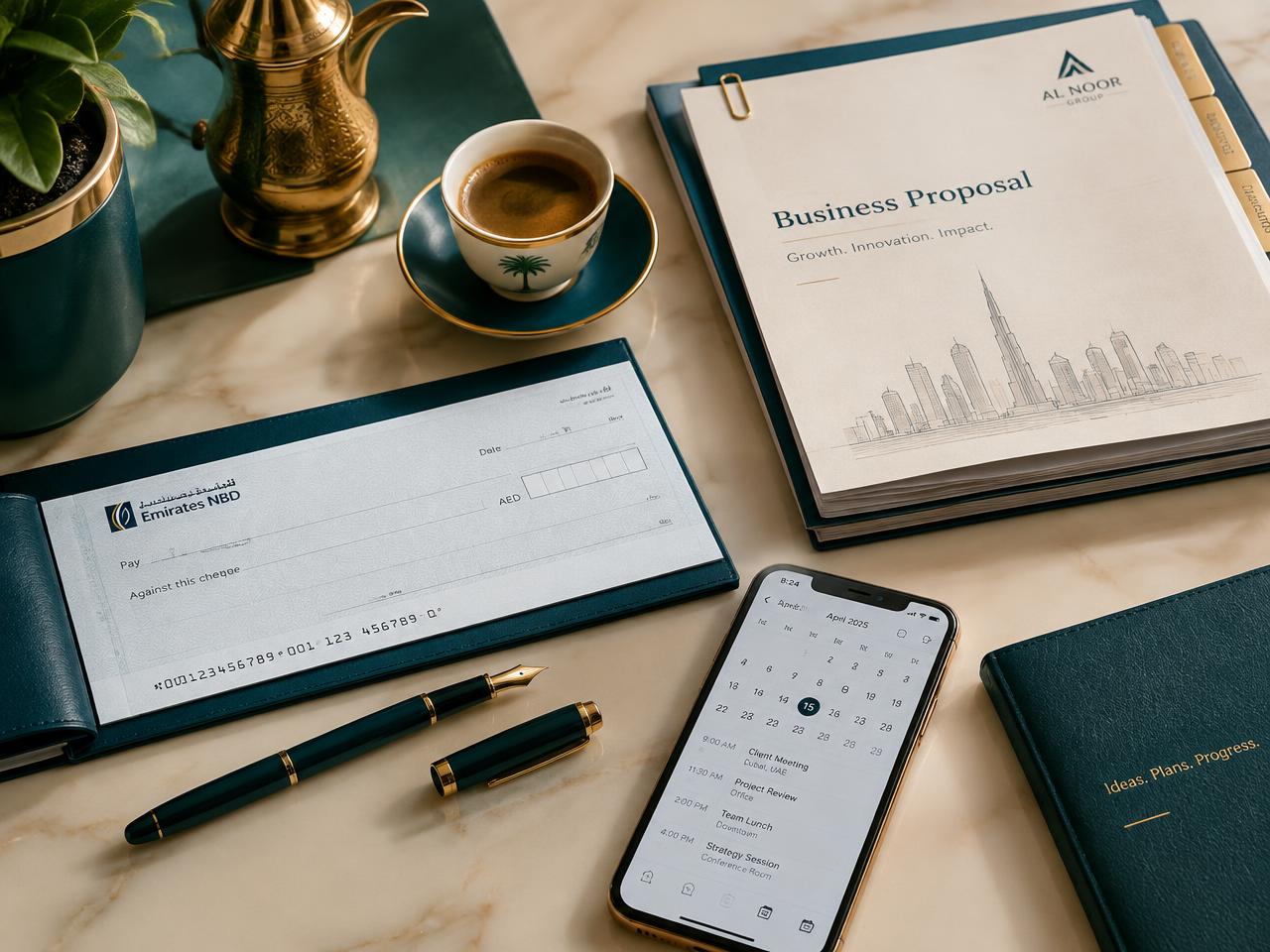 Cheque book, documents and calendar on a business desk